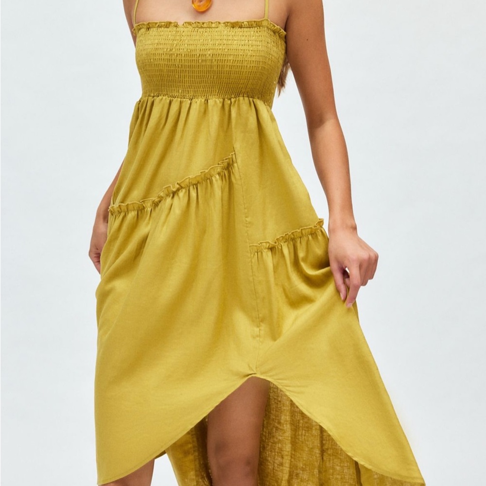 Asymmetrical smocked midi dress, Urban Outfitters